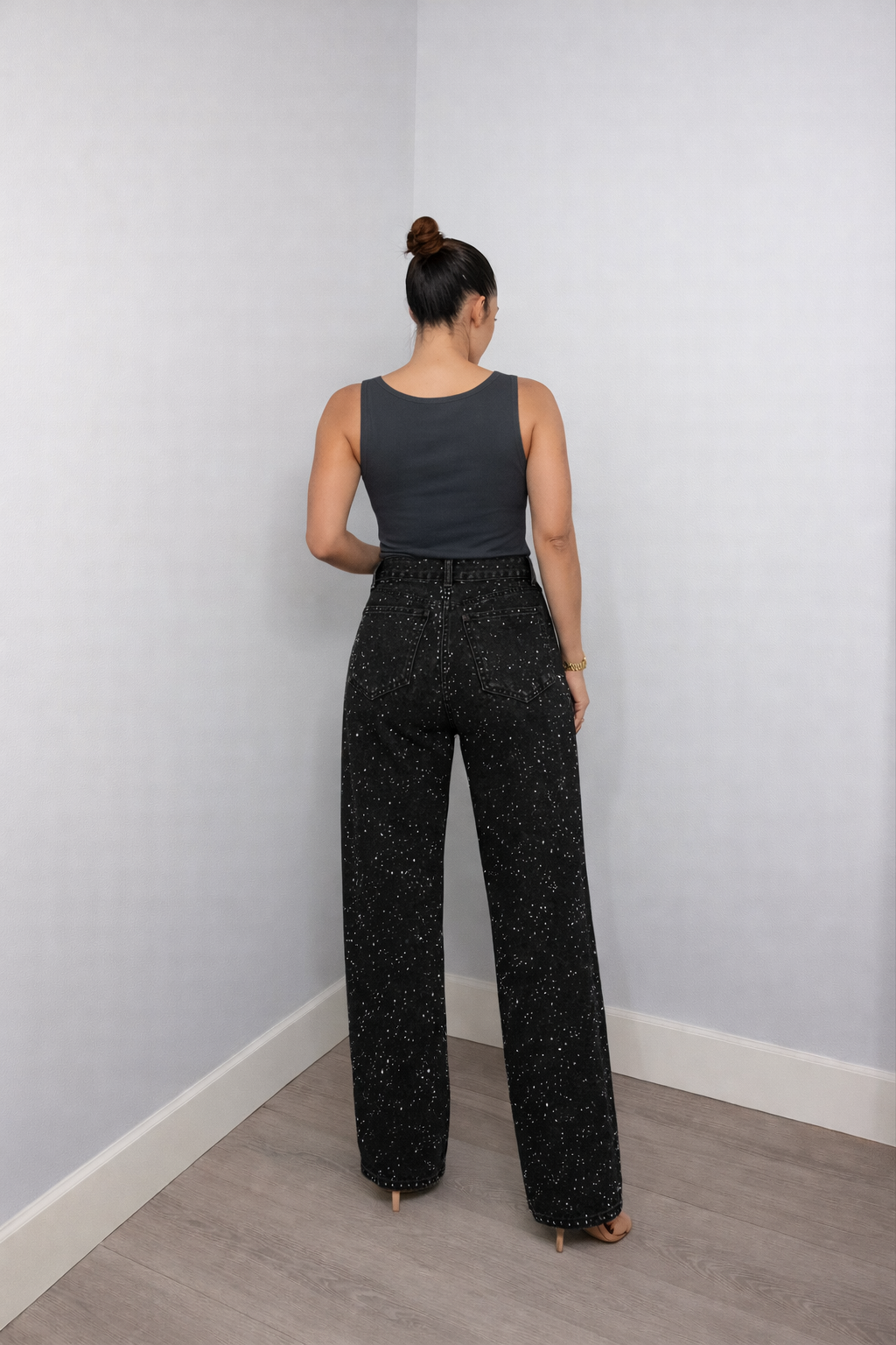 Trendy Dames Glitter Jeans Met Hoge Taille En Wijde Pijpen