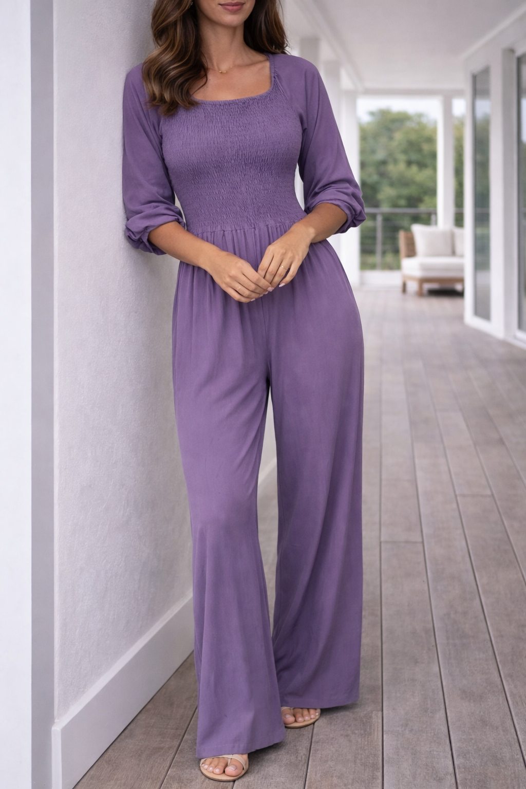 Zomerse Dames Smock Jumpsuit met Lange Mouwen en Wijde Pijpen