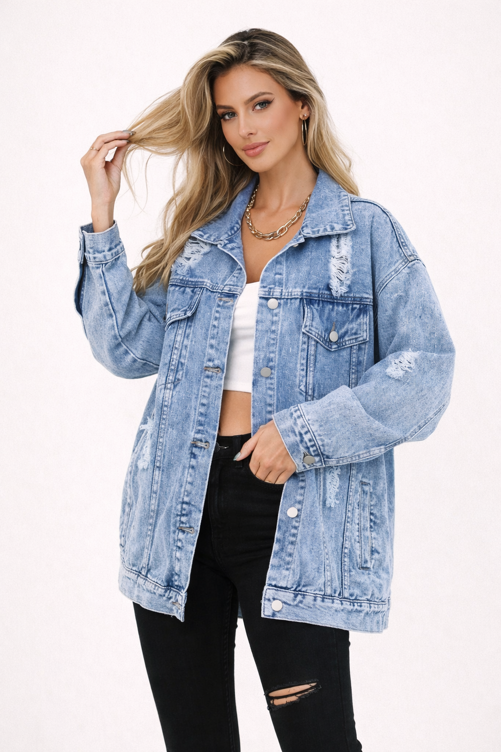 Women's Oversized Denim Jacket with Edgy Look and Snap Button Closure