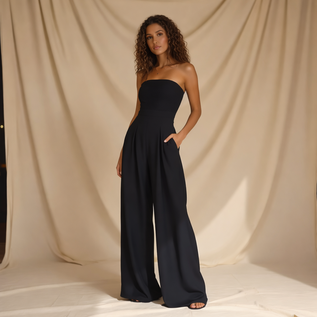 Chique Strapless Dames Jumpsuit Met Hoge Taille En Wijde Pijpen
