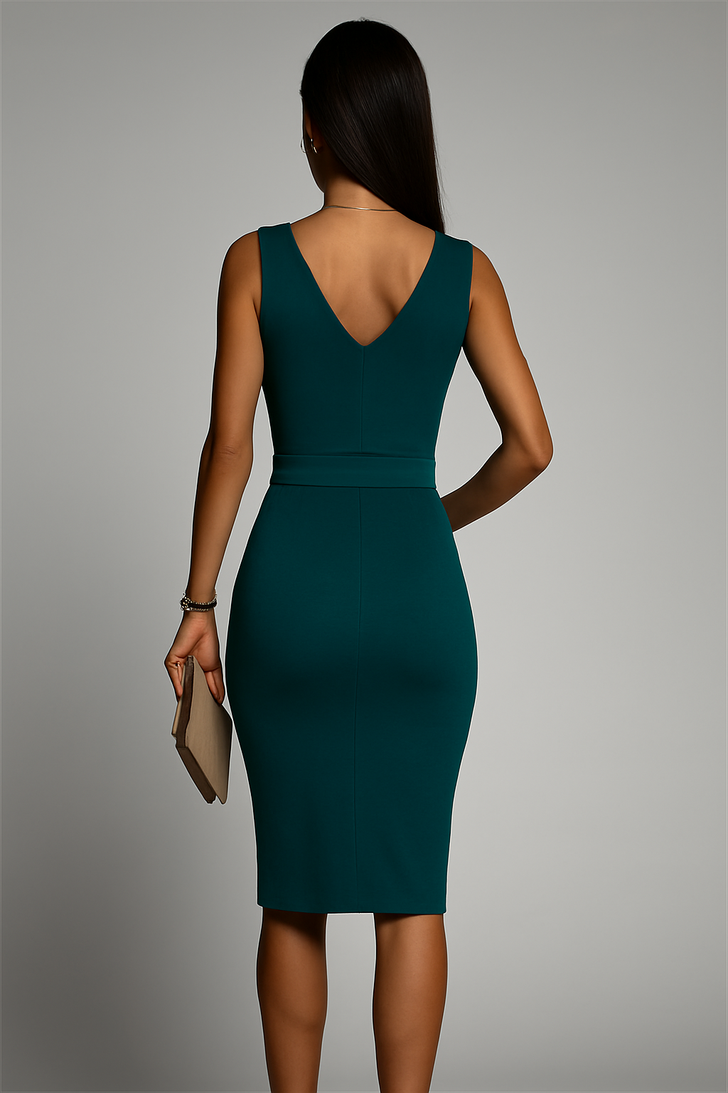 Rosina | Elegante Midi Jurk met Geplooide V-Hals en Subtiele Split