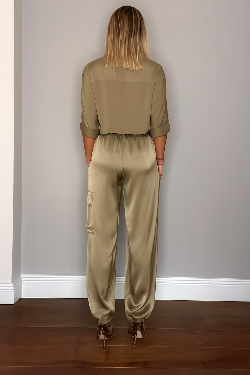Chique Dames Satijnen Cargo Set met Top en Hoge Taille Broek