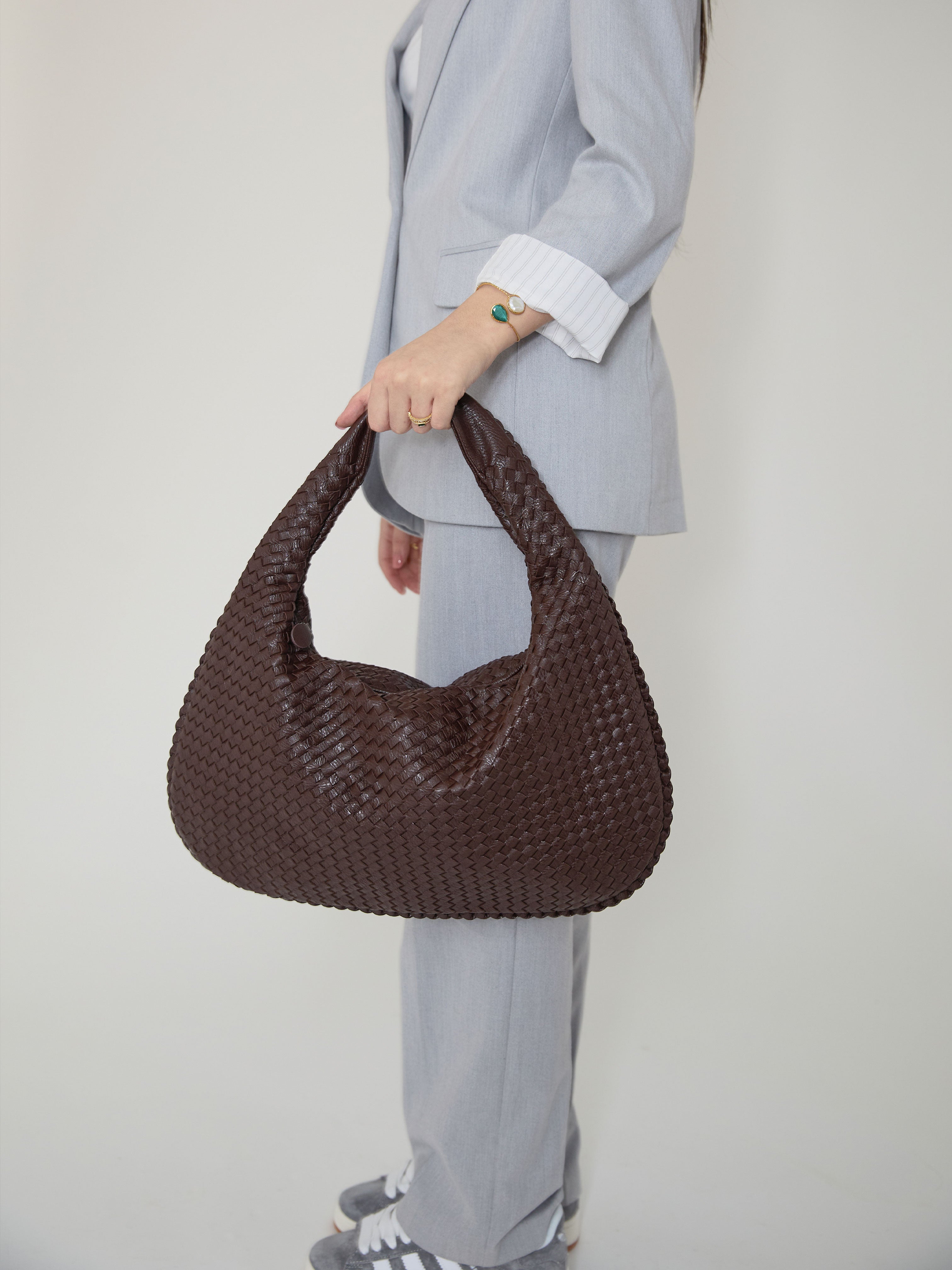Luxury Coffee Ladies Handbag with Braided Design