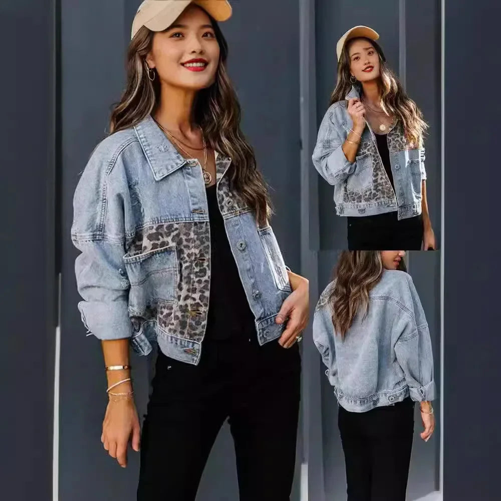 Veste en jean à imprimé léopard et design affirmé
