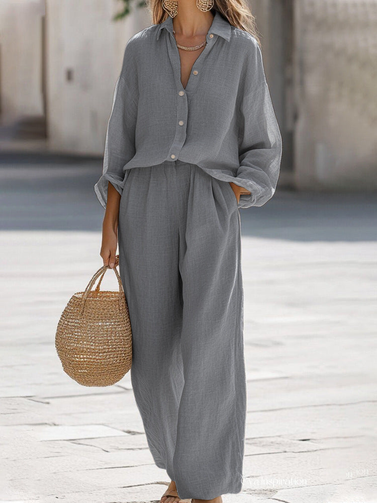 Luchtige Dames Linen Co-ord Set Met Lange Mouwen en Wijde Broek