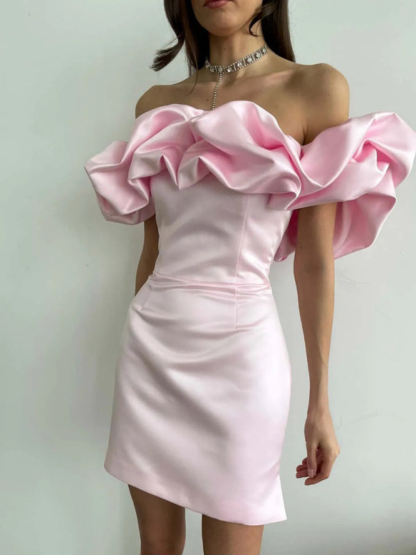 Luxe Off Shoulder Mini Cocktailjurk voor Dames met Satijnen Volants