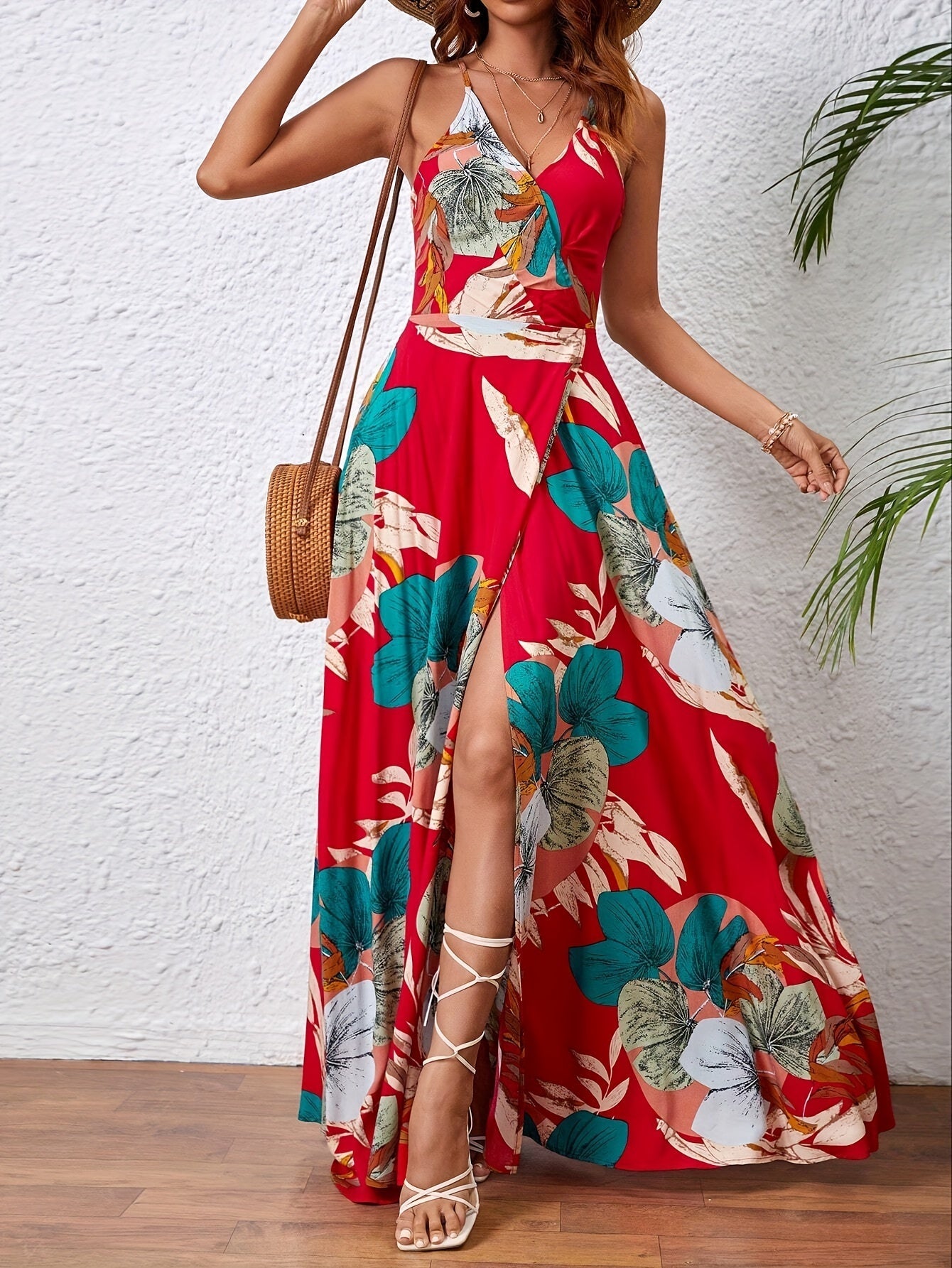 Devi | Zomerse Maxi Jurk met Tropische Print en Spaghettibandjes