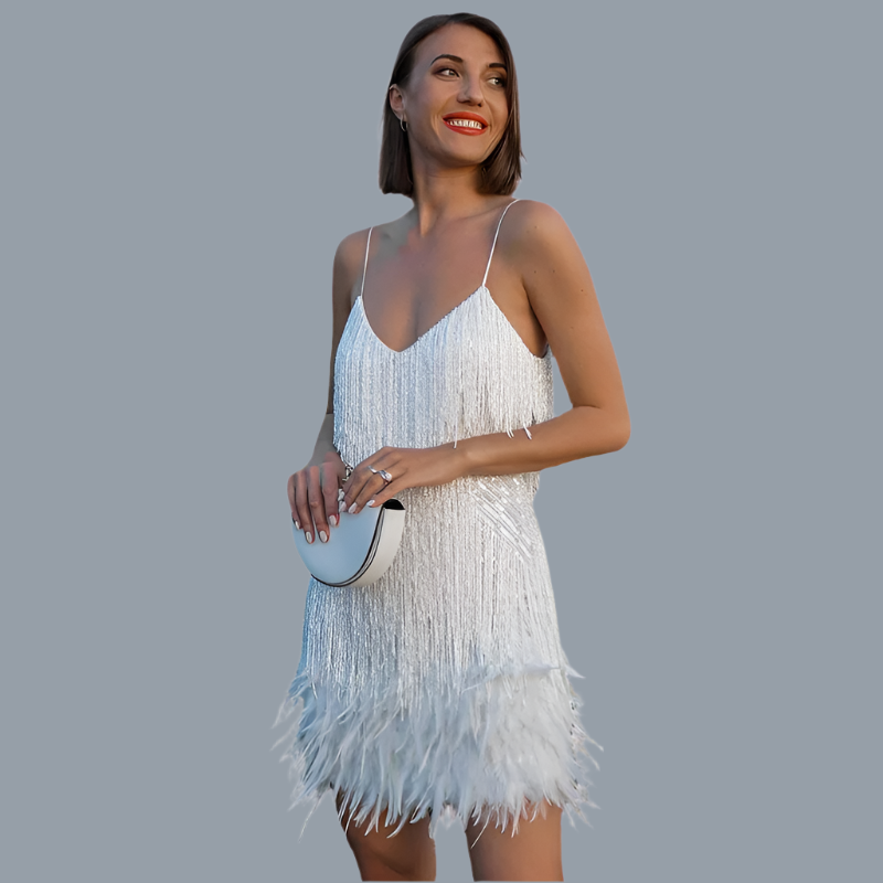Anabela | Festive Sequin Dress with Feathers