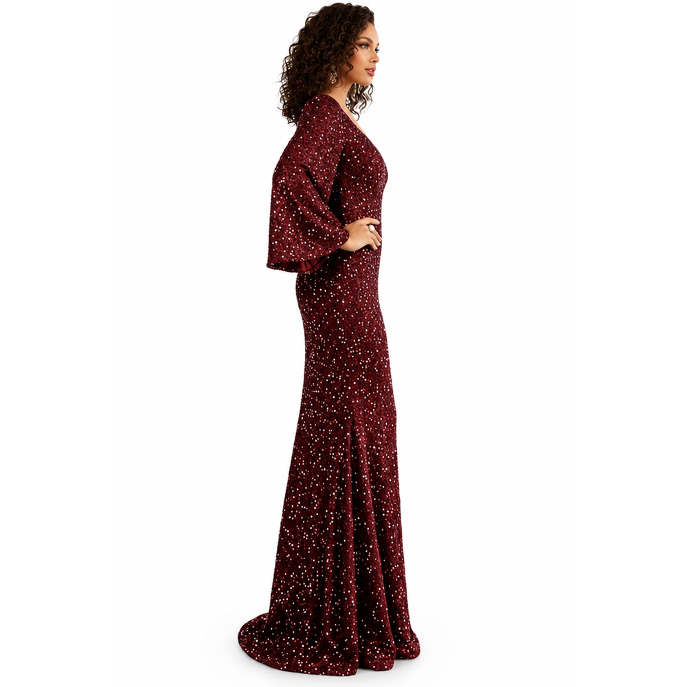 Glamoureuze Pailletten Dames Maxi Jurk met Wijde Mouwen en Sleep