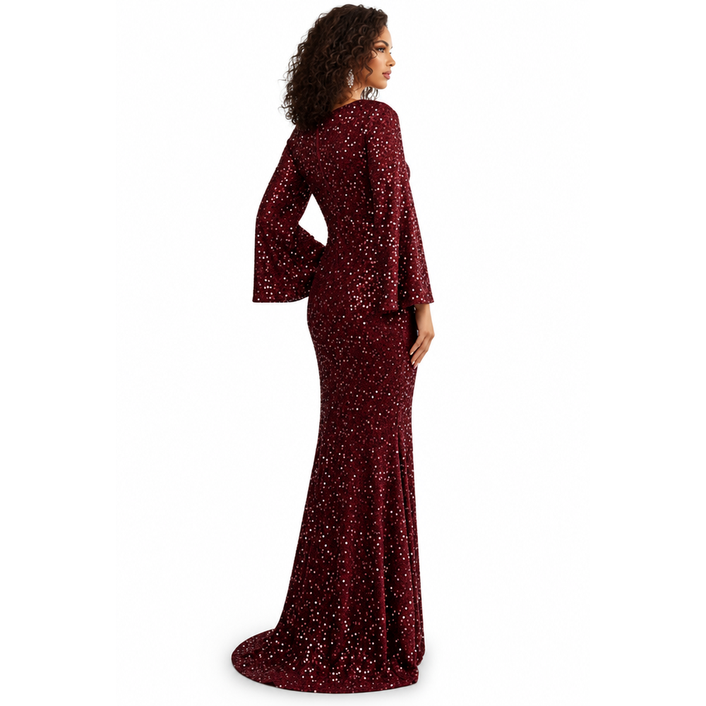 Glamoureuze Pailletten Dames Maxi Jurk met Wijde Mouwen en Sleep