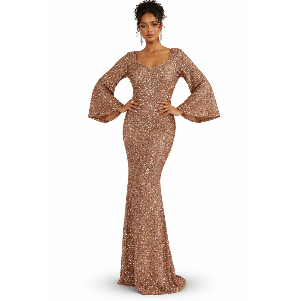 Glamoureuze Pailletten Dames Maxi Jurk met Wijde Mouwen en Sleep