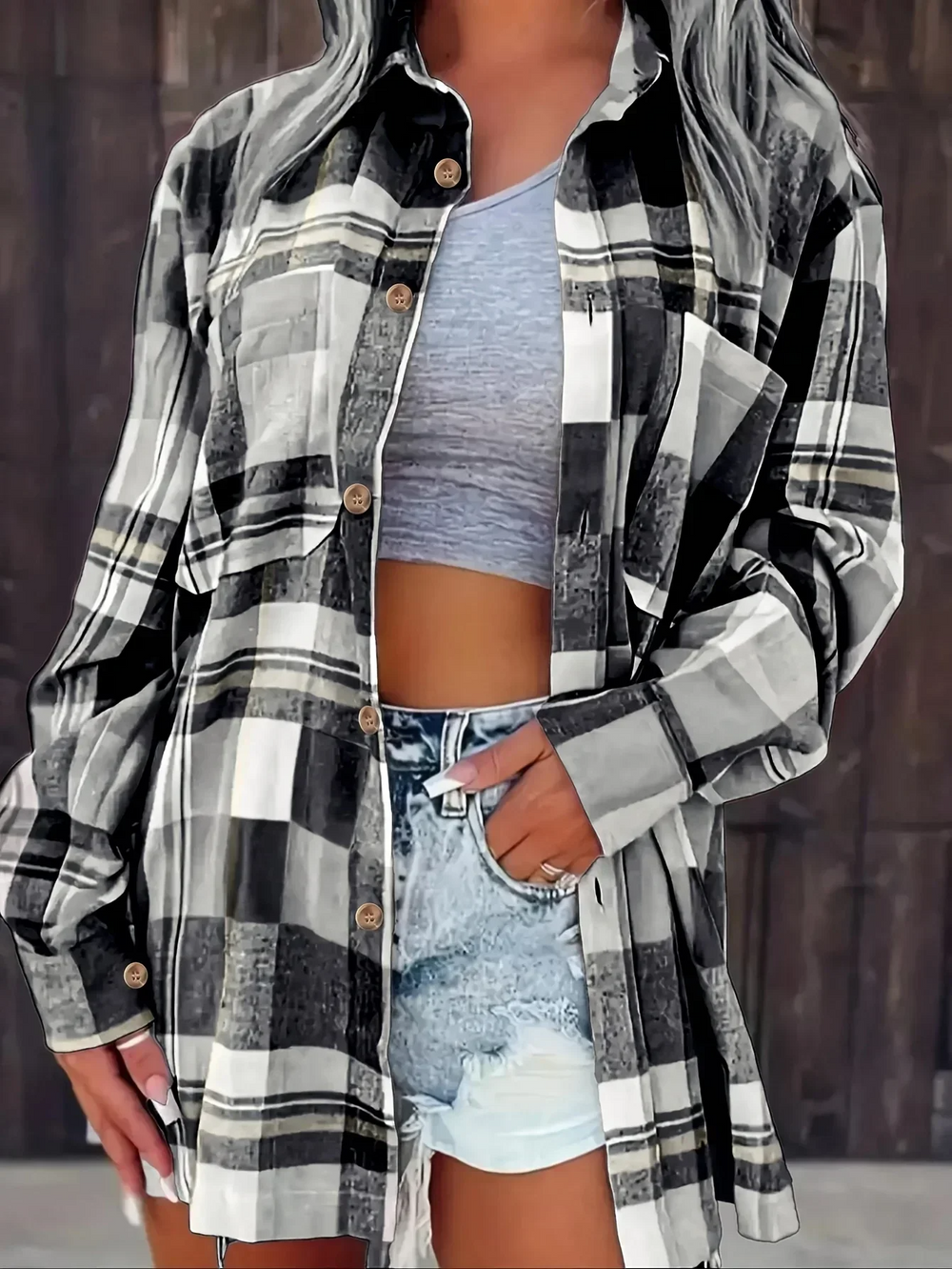 Oversized Geruite Flanellen Dames Blouse met Borstzakken en Puntkraag
