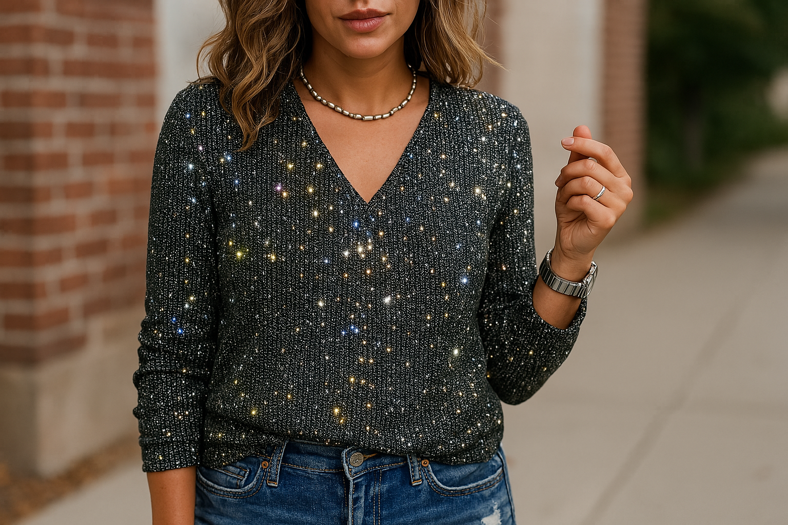Blouse pailletée de luxe pour femmes avec col en V et manches longues
