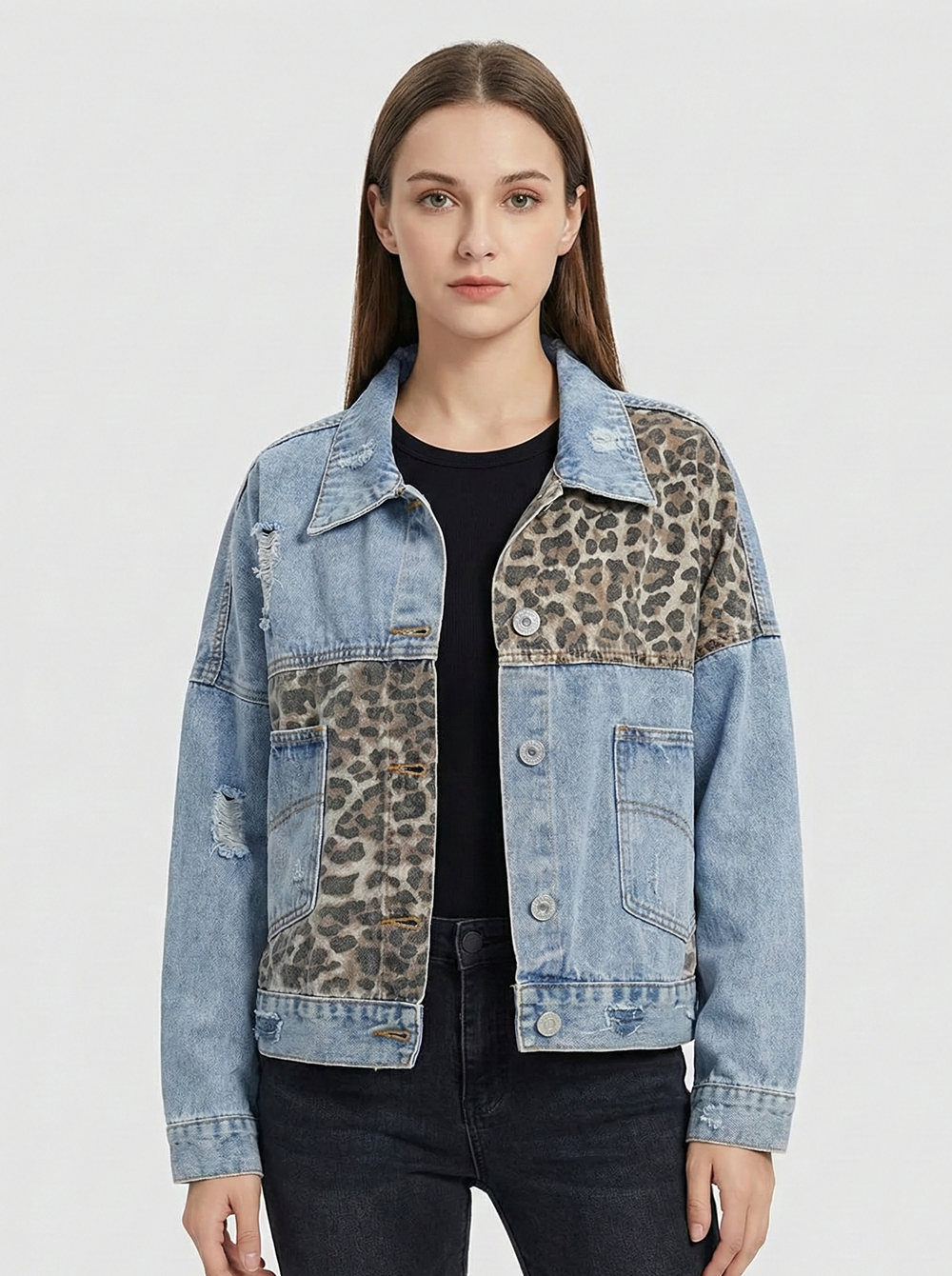 Denim Jacket With Leopard Print And Statement Design