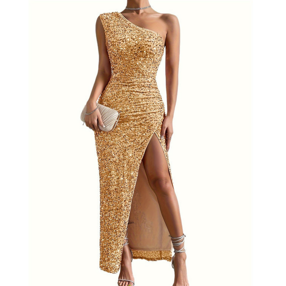 Elegante Pailletten Dames Maxi Jurk met One Shoulder en Split
