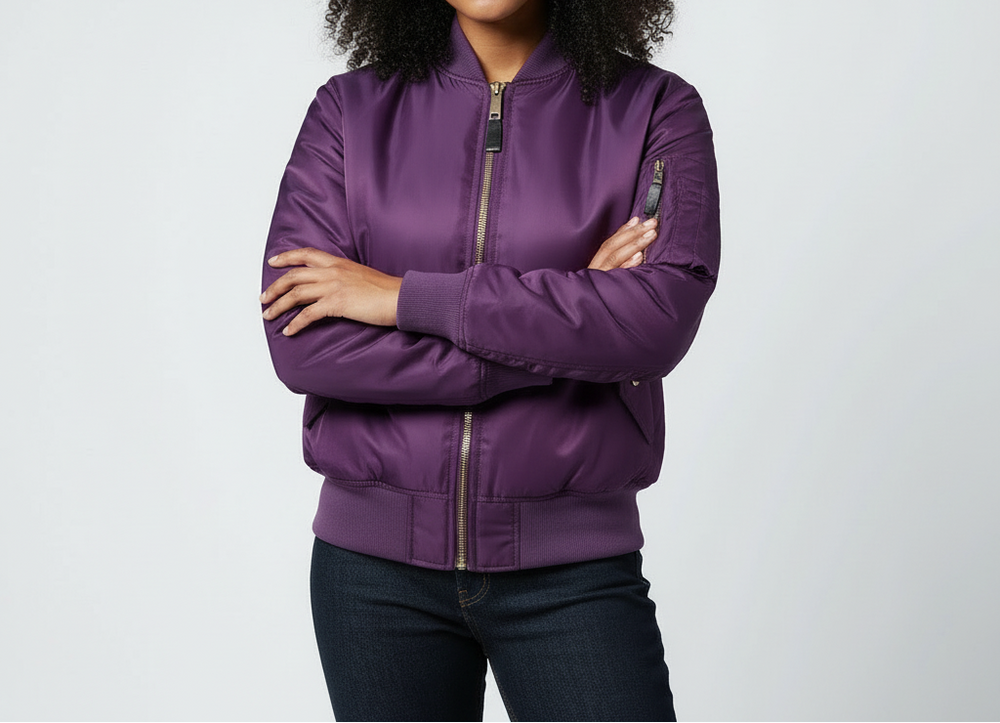 Lightweight Women's Bomber Jacket with Zip Closure and Sleeve Pocket
