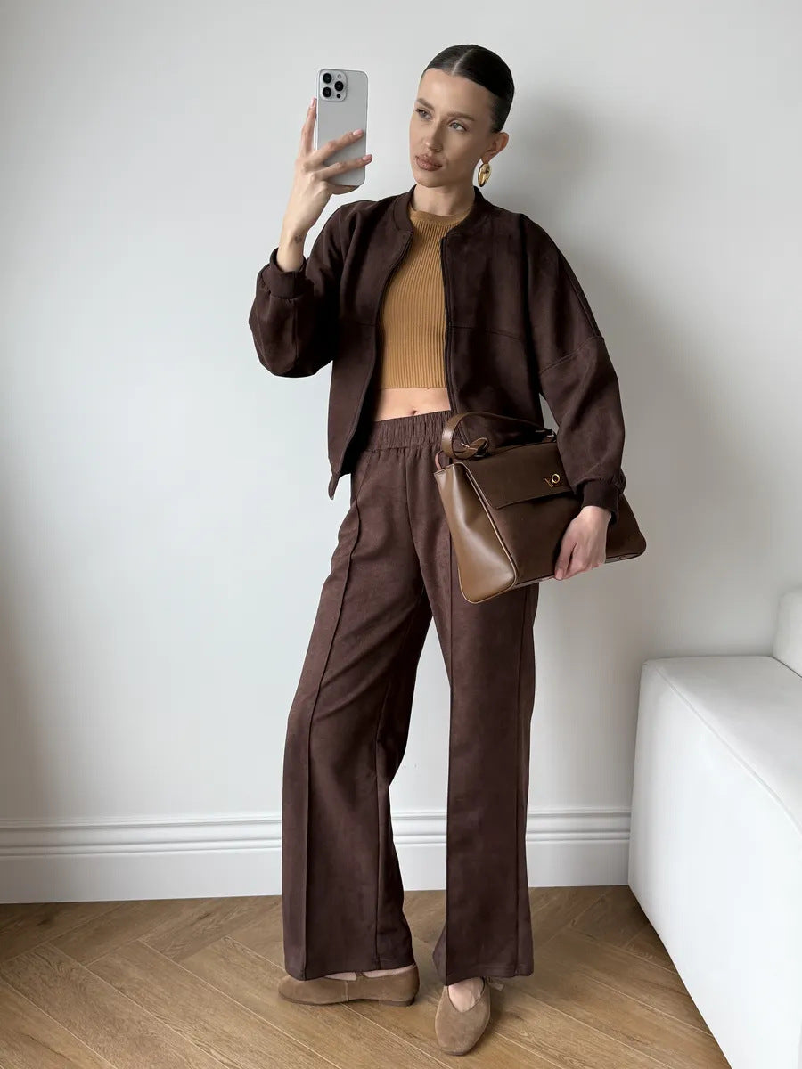 Ensemble Deux Pièces Tendance pour Femme avec Veste Courte et Pantalon Large