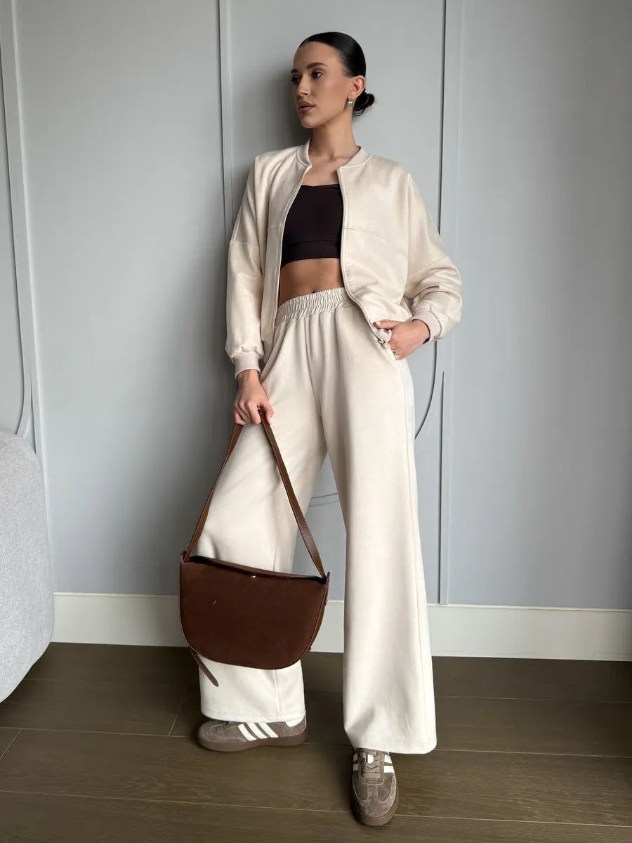 Ensemble Deux Pièces Tendance pour Femme avec Veste Courte et Pantalon Large