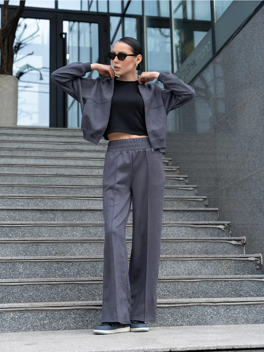 Ensemble Deux Pièces Tendance pour Femme avec Veste Courte et Pantalon Large
