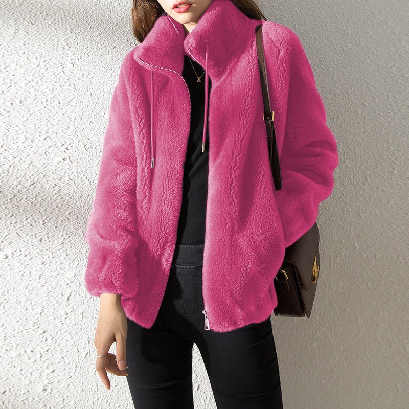 Veste Teddy douce et chaude pour femmes avec col montant et fermeture éclair