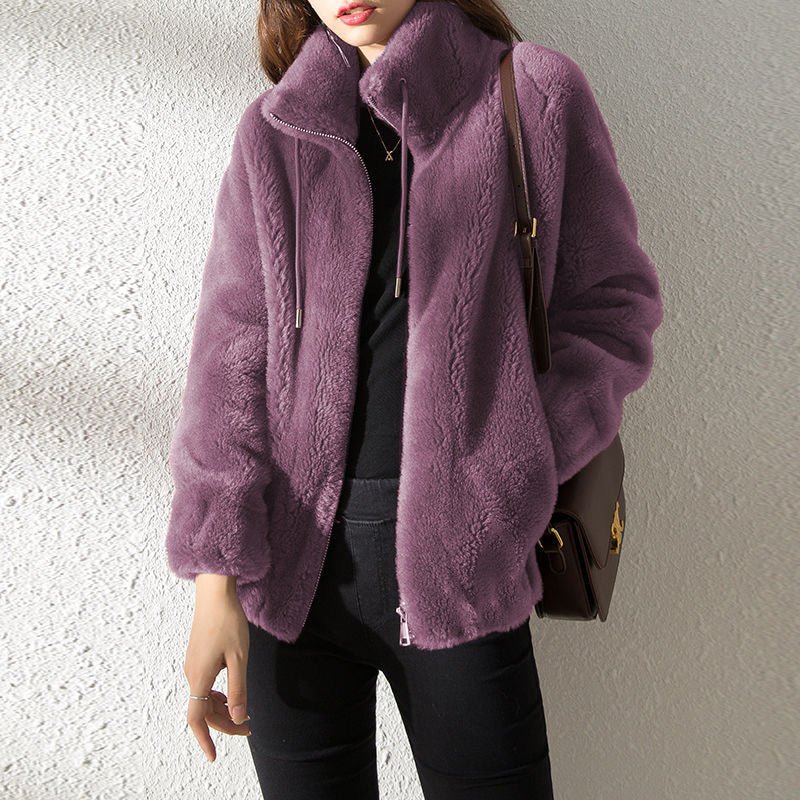 Veste Teddy douce et chaude pour femmes avec col montant et fermeture éclair
