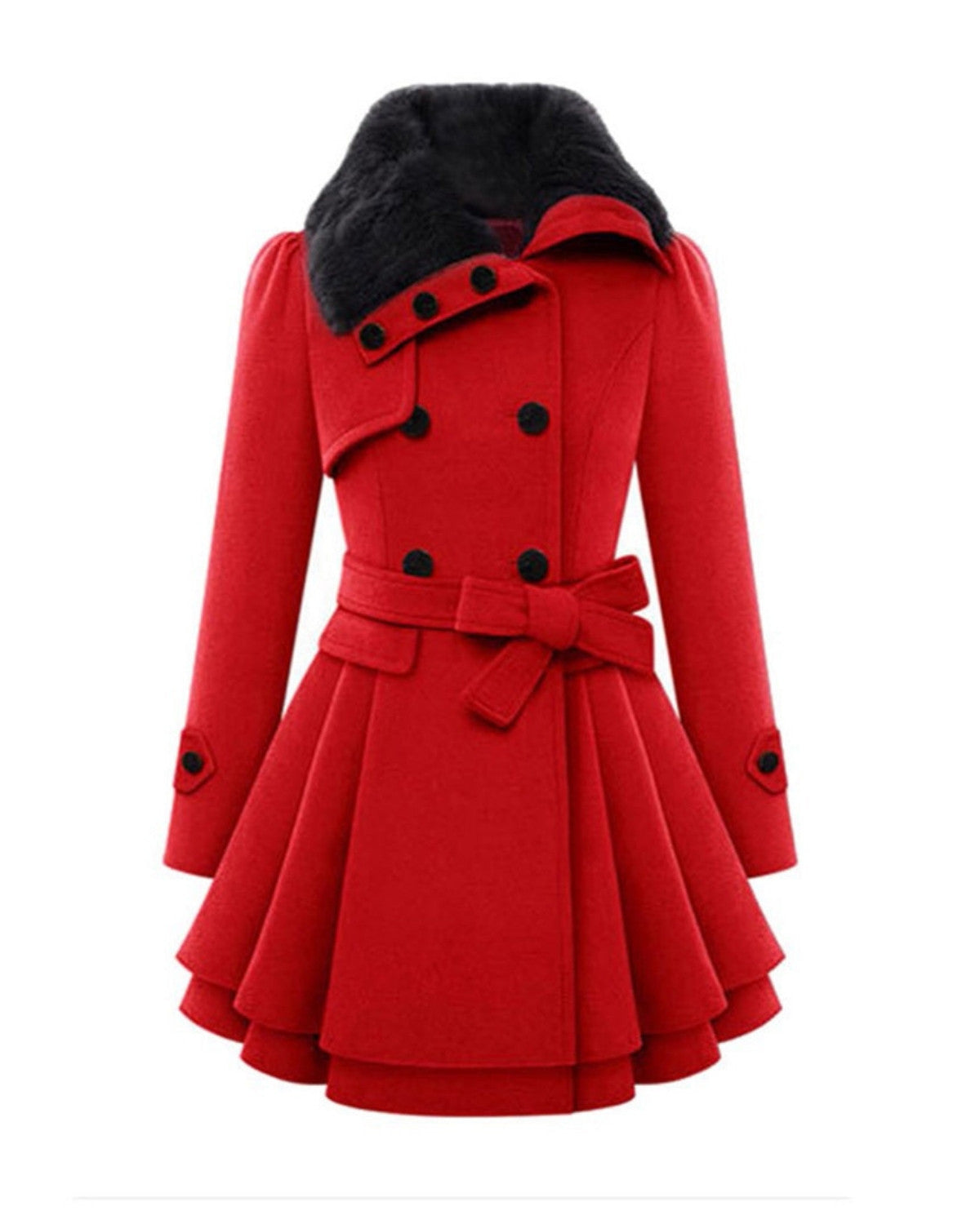 Dames Lange Wollen Winterjas met Bontkraag en Ceintuur