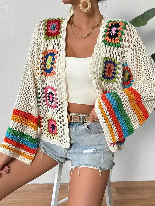 Boho luchtige dames cardigan met gehaakt patroon en wijde mouwen