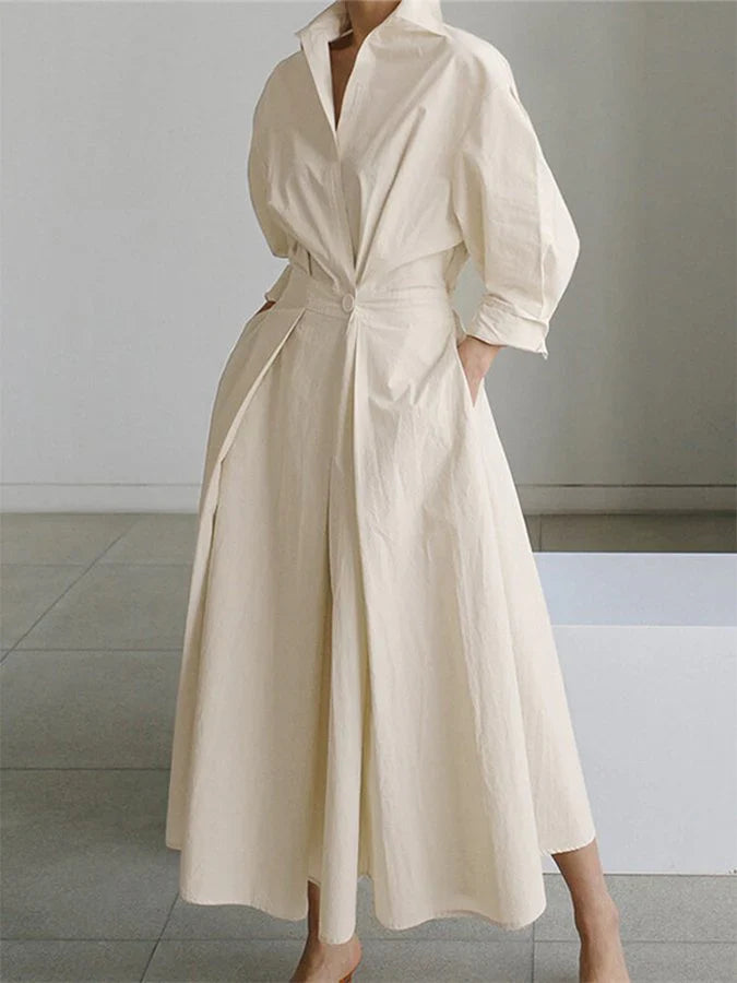 Verfijnd elegant dames maxi jurk met kraag en flatterende plooien
