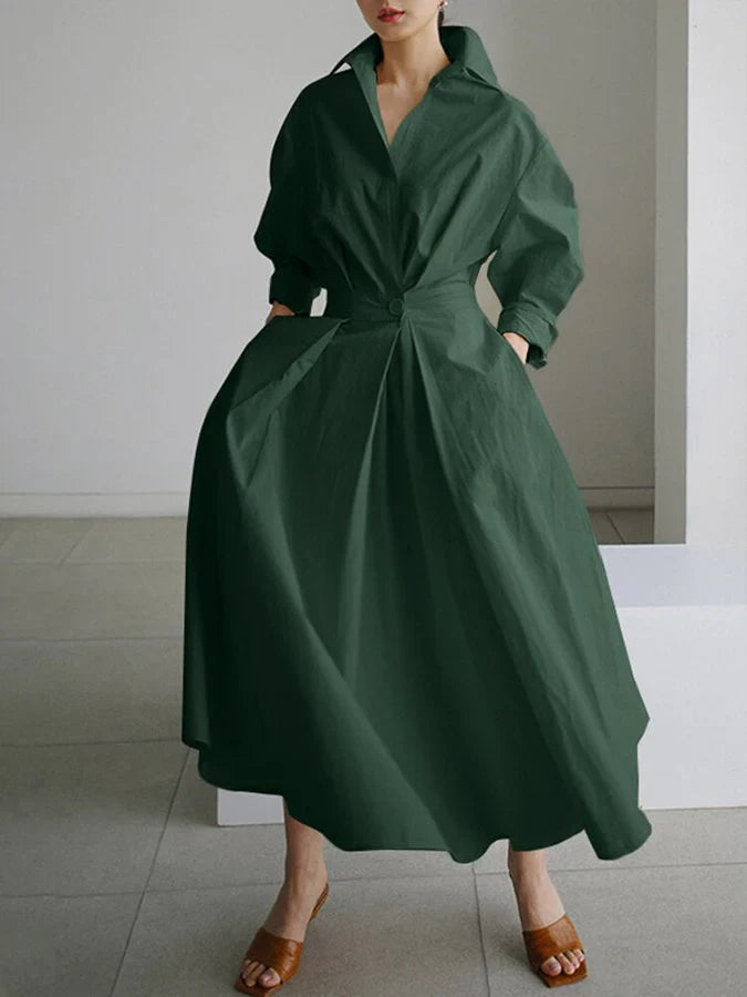 Verfijnd elegant dames maxi jurk met kraag en flatterende plooien