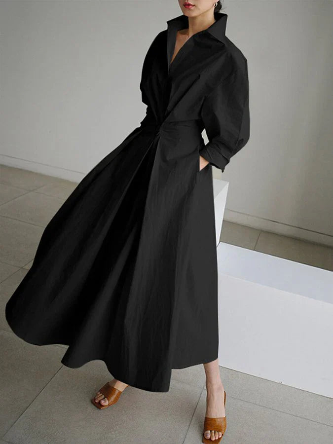 Verfijnd elegant dames maxi jurk met kraag en flatterende plooien