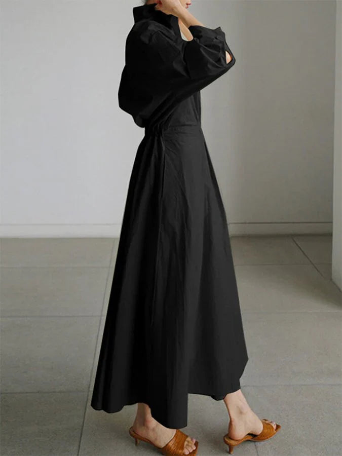 Verfijnd elegant dames maxi jurk met kraag en flatterende plooien