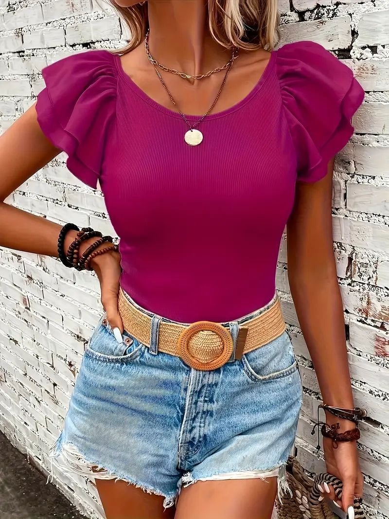 Betcy | Ruffle Mouwtop met Stretch en Vleugelmouw - Casual