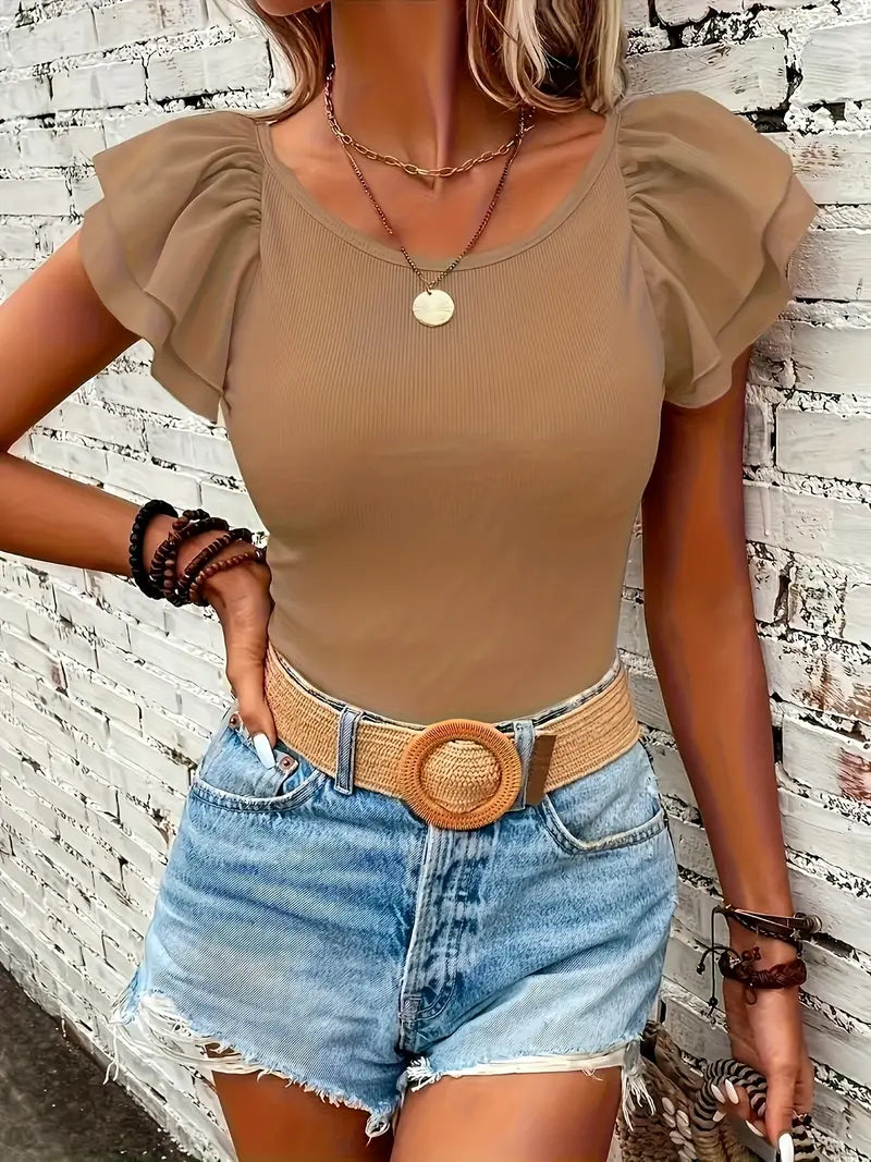 Betcy | Ruffle Mouwtop met Stretch en Vleugelmouw - Casual
