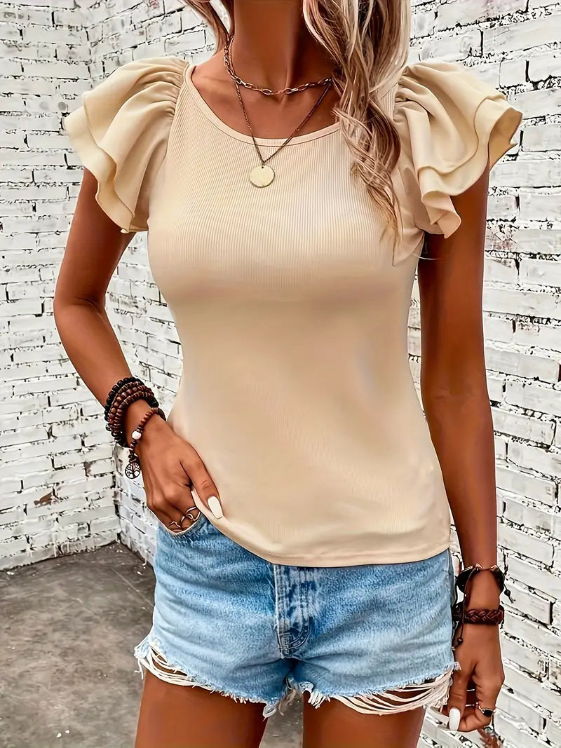 Betcy | Ruffle Mouwtop met Stretch en Vleugelmouw - Casual