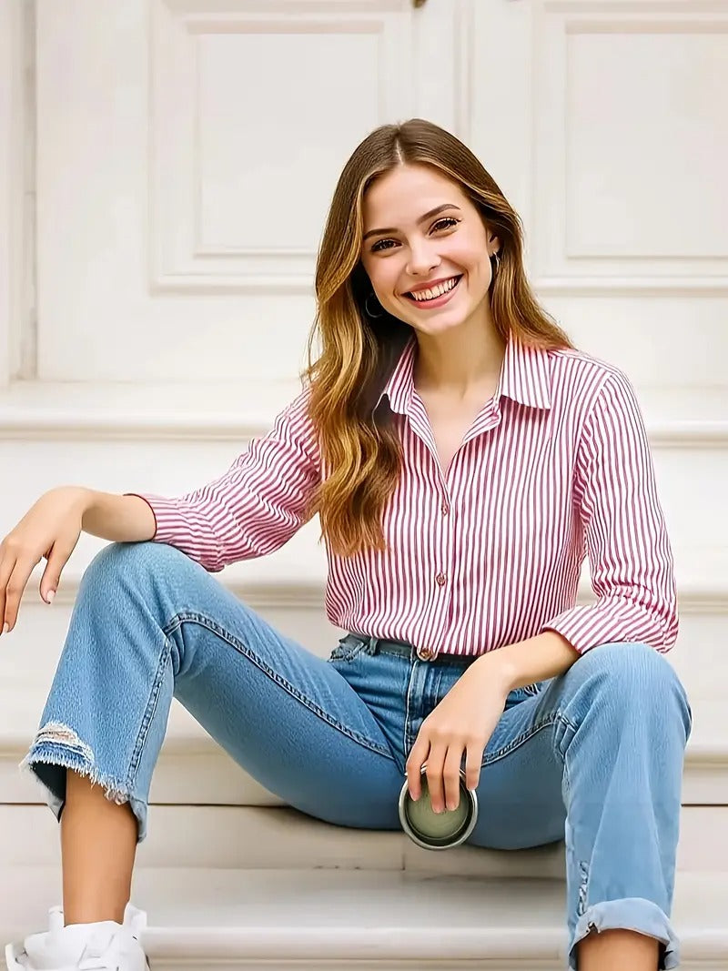 Bincy | Gestreepte Overhemdblouse met Lange Mouwen - Casual