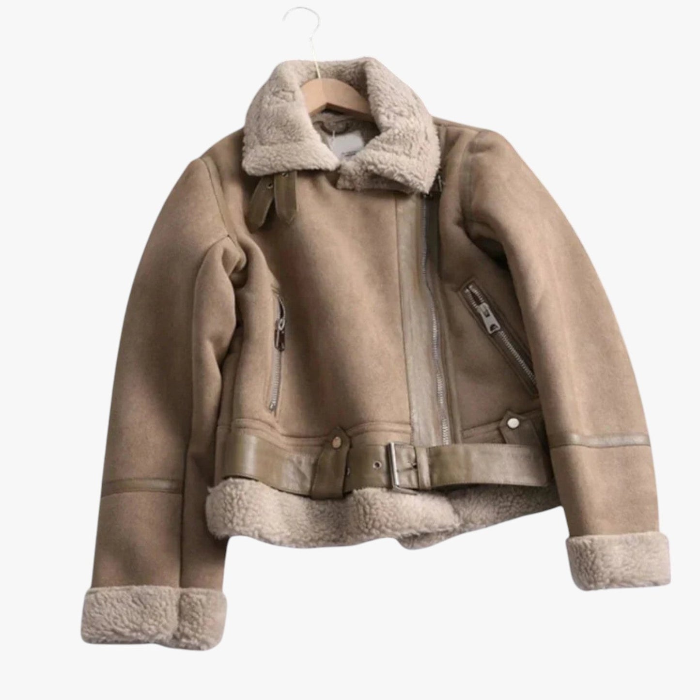 Trendy Warme Dames Teddy Biker Jas met Rits en Kraag