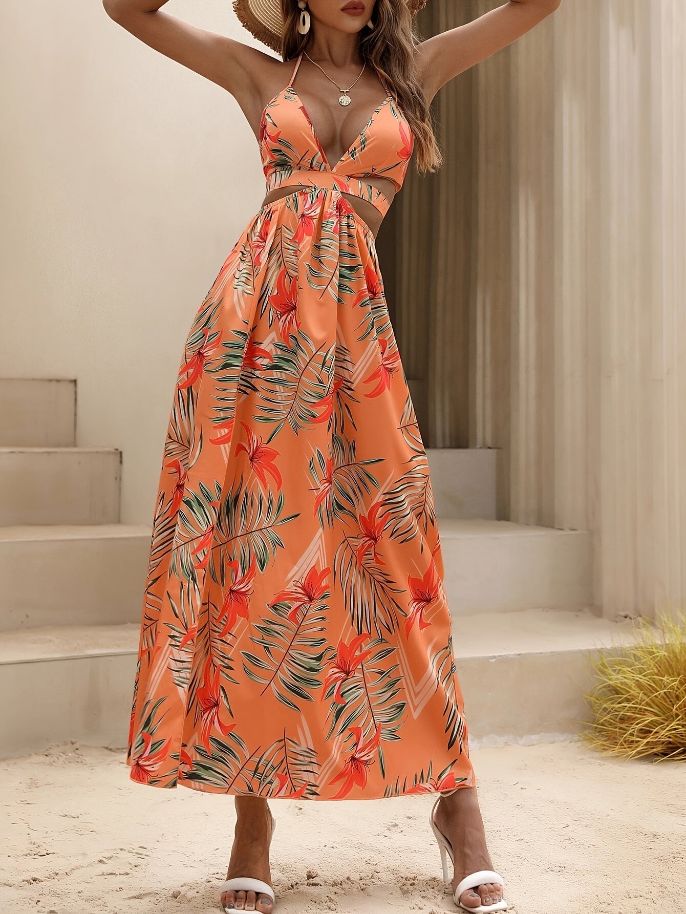 Dona | Zomerse Halterjurk met Tropische Print