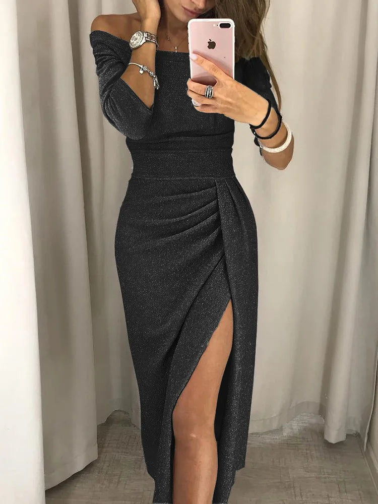 Sierlijke Off-Shoulder Dames Midi Jurk met Split en Wikkelrok