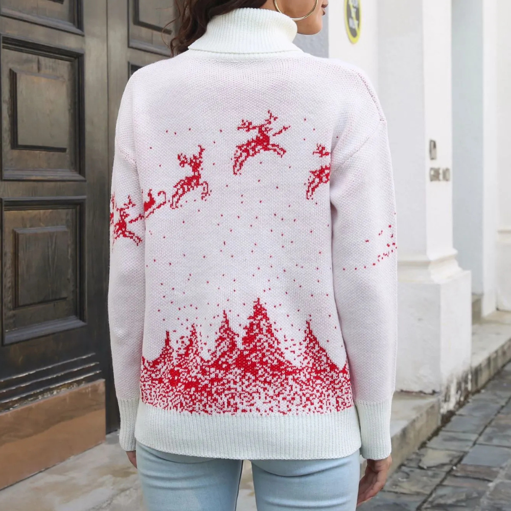 Col Roulé Blanc Chaud avec Imprimé Renne de Noël pour Femmes