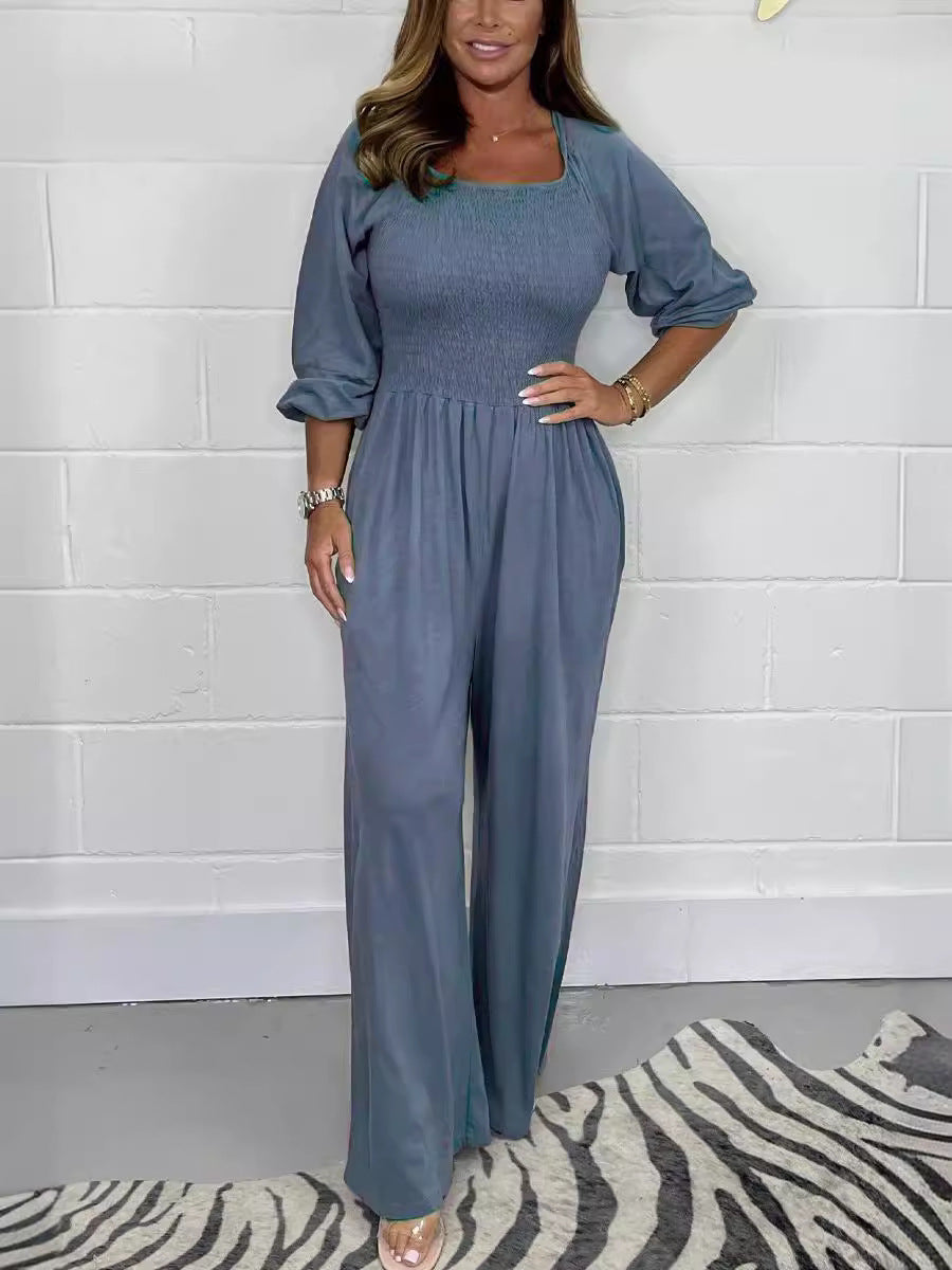 Zomerse Dames Smock Jumpsuit met Lange Mouwen en Wijde Pijpen