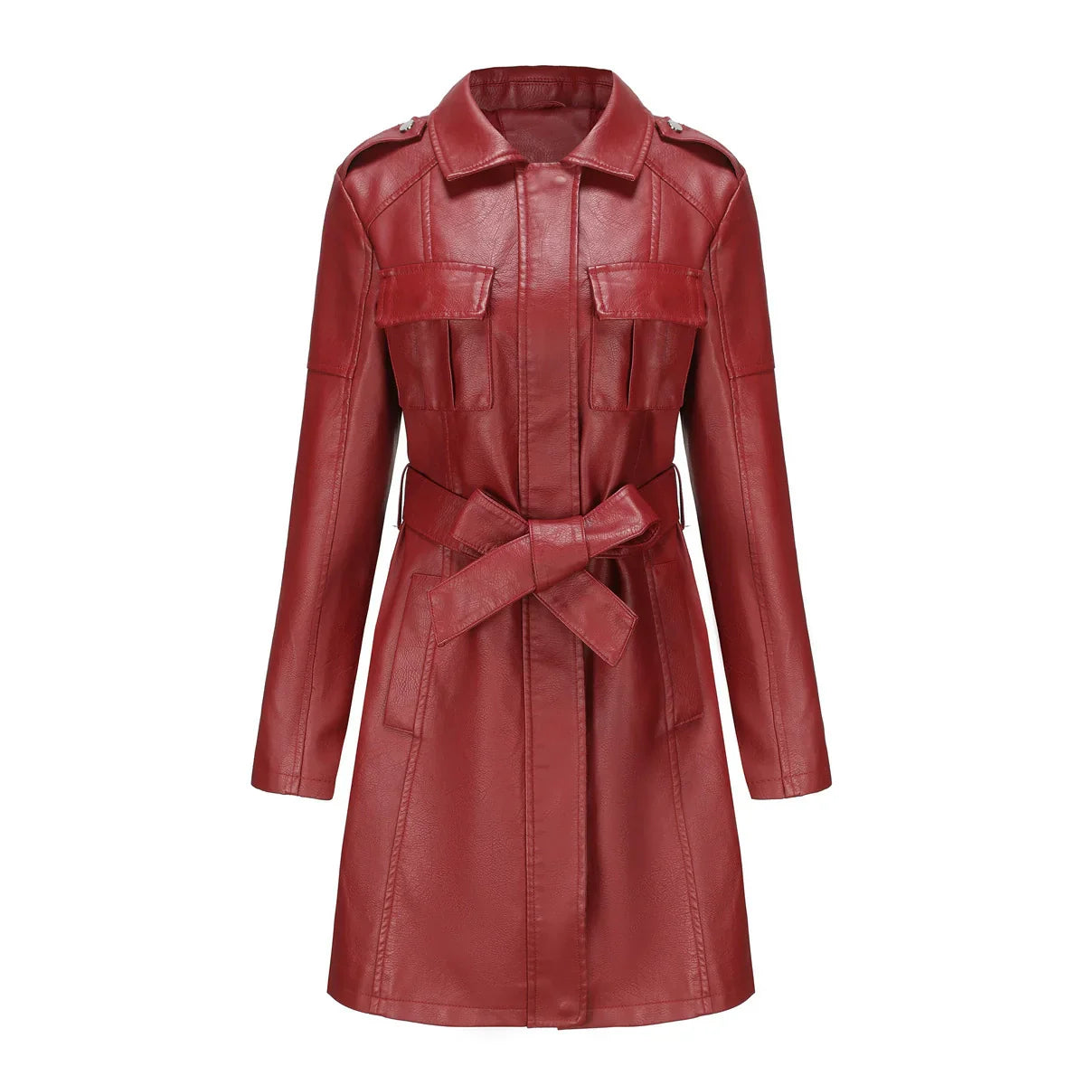 Trendy Chic Long Women's PU Leather Coat with Pockets