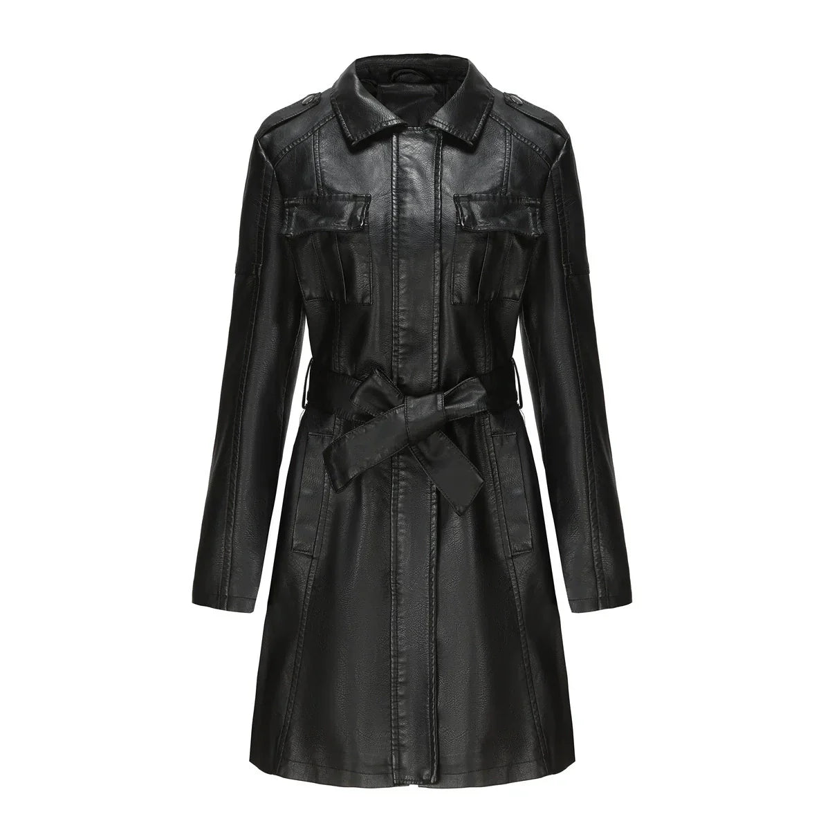 Trendy Chic Long Women's PU Leather Coat with Pockets