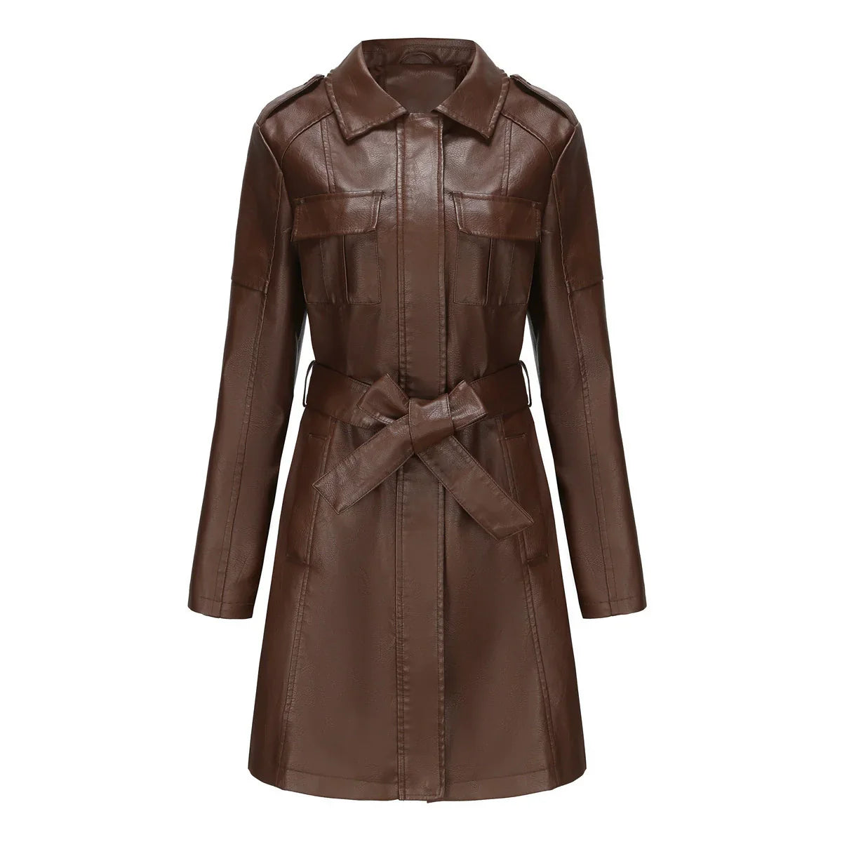 Trendy Chic Long Women's PU Leather Coat with Pockets