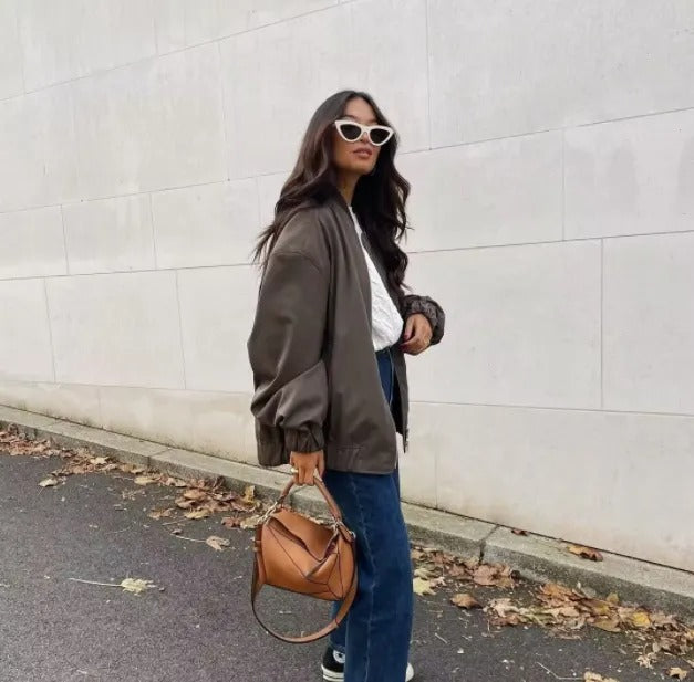 Oversized Trendy Women's Bomber Jacket with Zipper