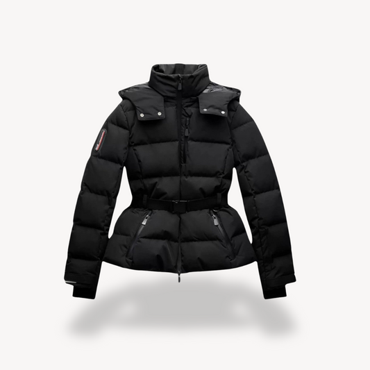 Warme Zwarte Dames Puffer Jas met Riem en Hoge Kraag