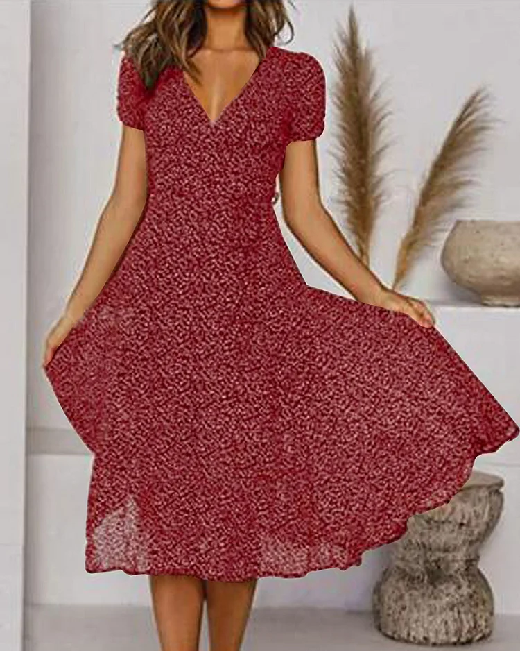 Ronelyn | Printed V-Neck Dress with Short Sleeves