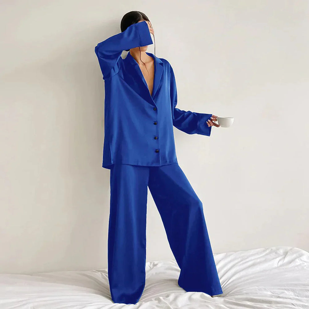 Ammie | Satijnen Pyjama Set met Wijdere Broek – Blauw