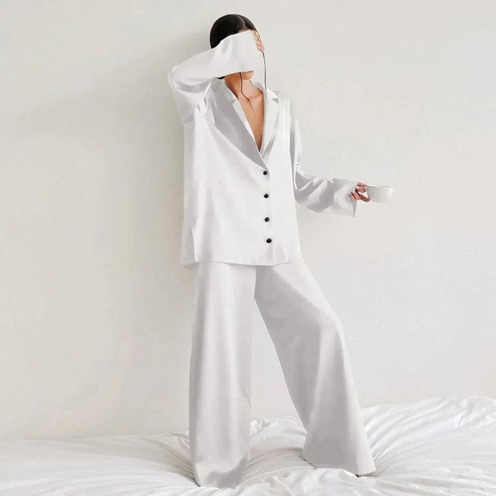 Ammie | Satijnen Pyjama Set met Wijdere Broek – Wit