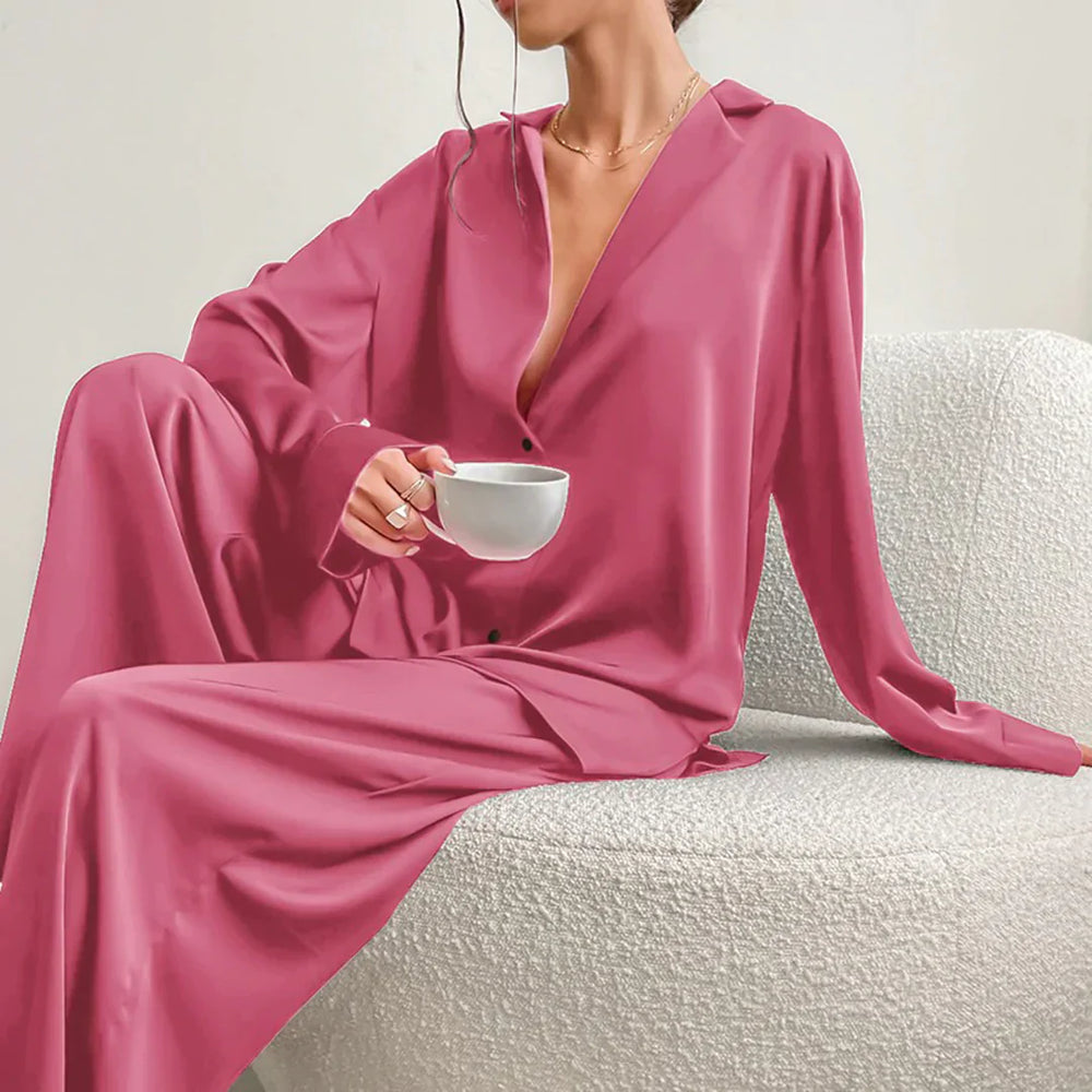 Ammie | Satijnen Pyjama Set met Wijdere Broek – Roze