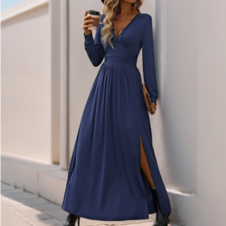 Elegante verfijnde dames maxi jurk met lange mouwen